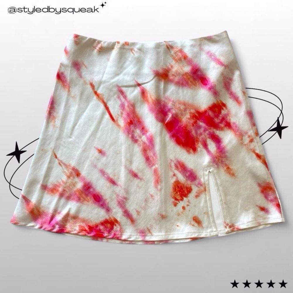 Showpo Y2K Tie Dye White Pink Orange Satin Mini Skirt Extra Small